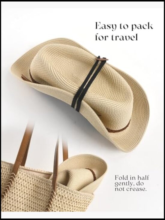 Wide Brim Straw Fedora Hat Foldable Packable UPF 80+ Summer Beach Sun Protection main image 2